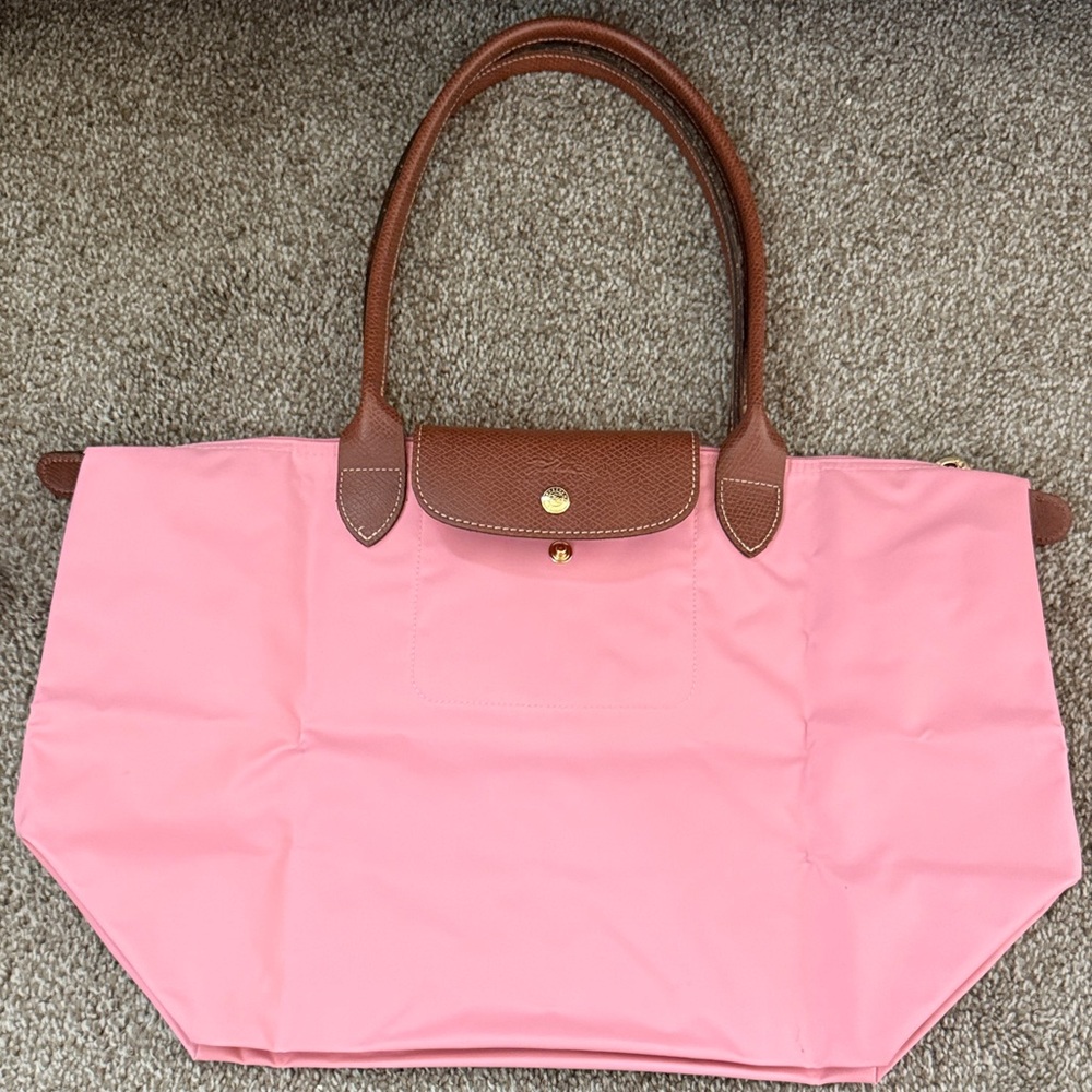 Longchamp Pink Tote with Brown Handles